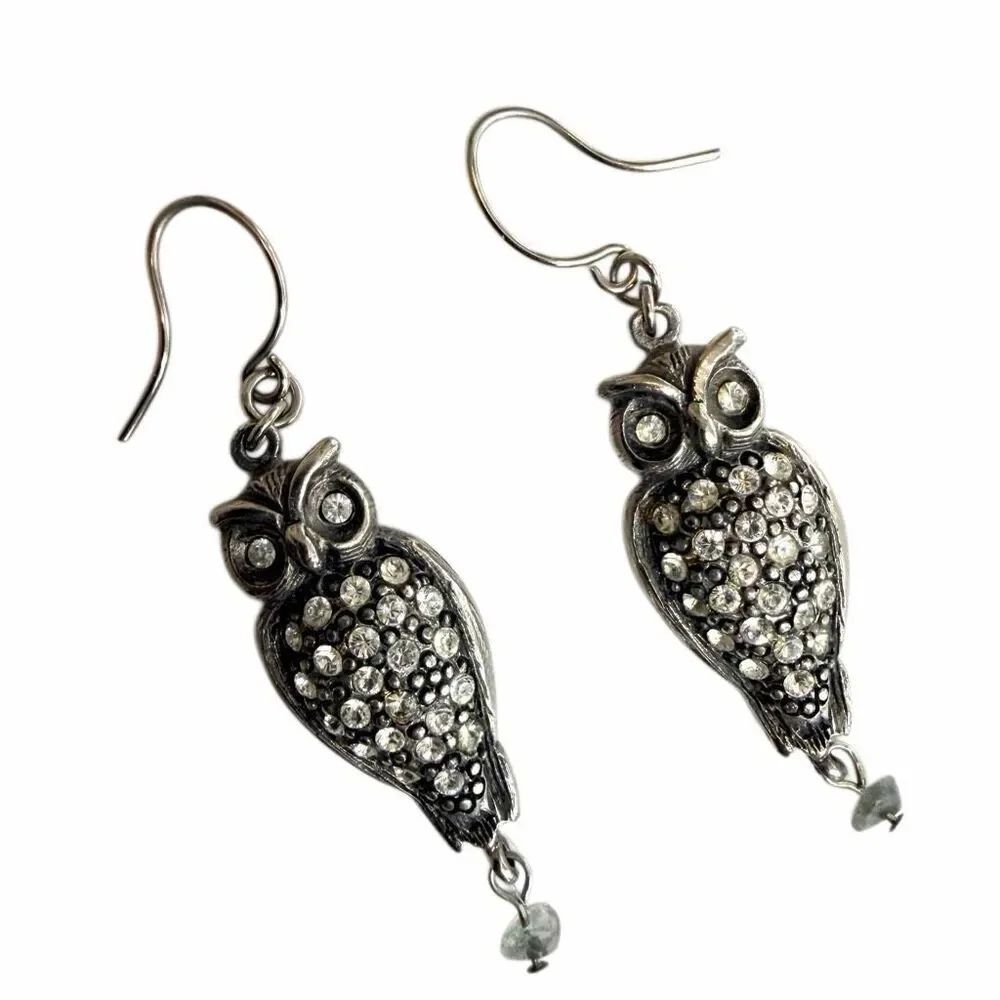 Gerard YOSCA Rhinestone Owl Dangle Earrings Silver Tone Vintage Style